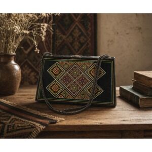 Vintage Ukrainian Folk Art Wooden Box Purse Painted Geometric 1970s Handbag